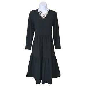 J. Crew Midi Dress M Black Swiss Dot V-neck Tiered Long Sleeve Boho Goth Flowy